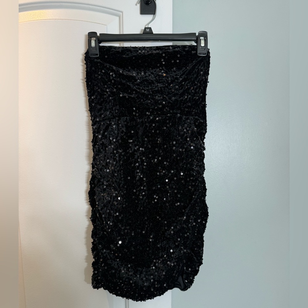 Black Sequin Strapless Dress